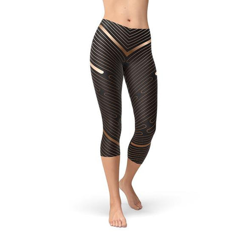Womens Striped Brown Sports Capri Leggings